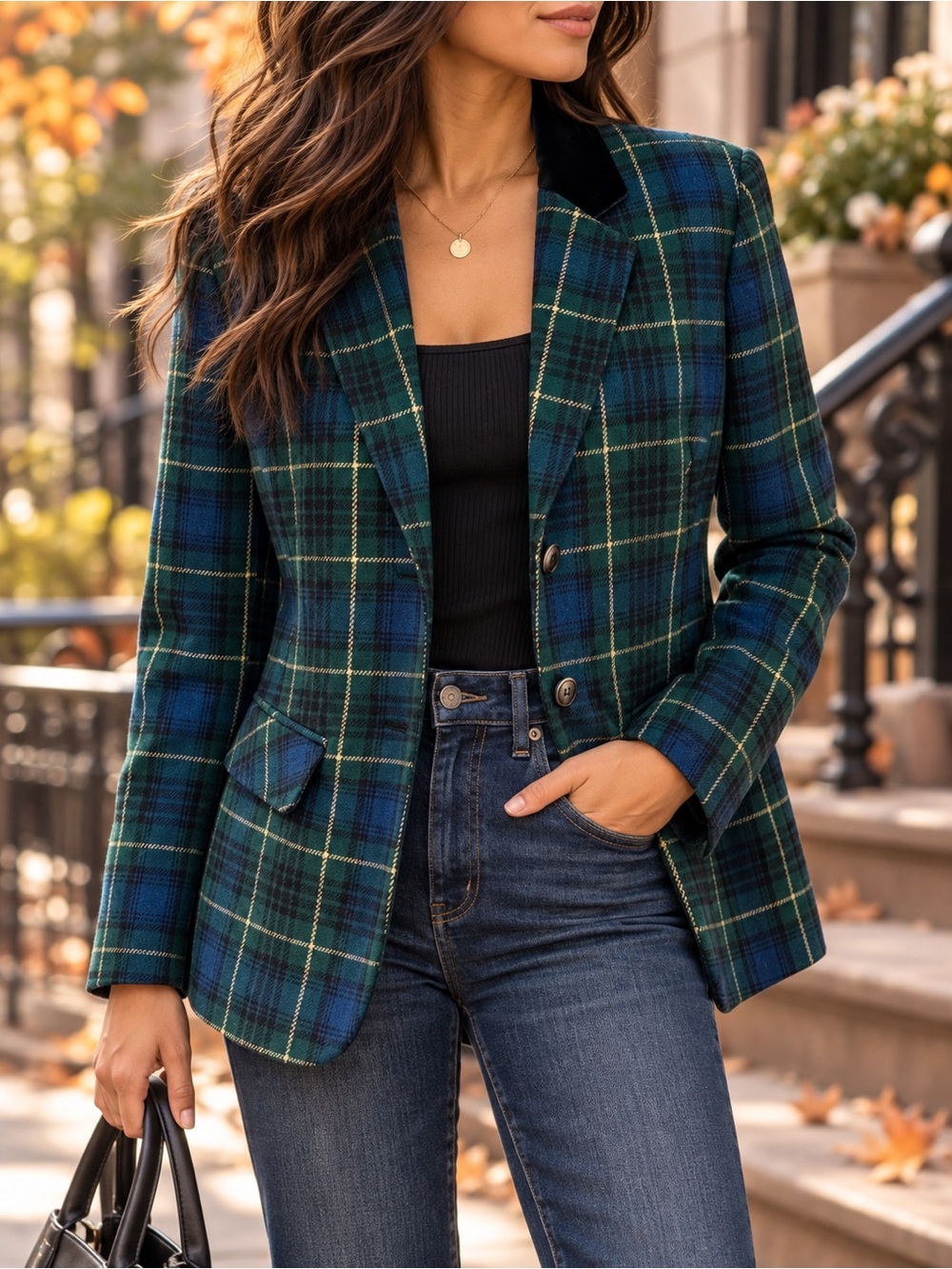 Sag Harbor Blue and Green Plaid Blazer with Black Velvet Collar